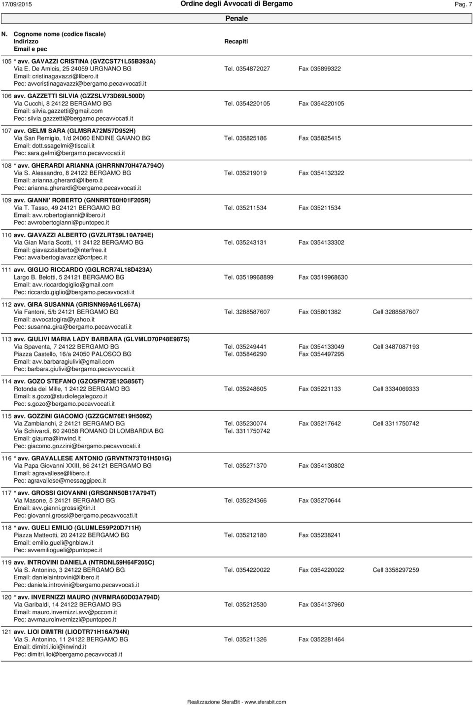 GELMI SARA (GLMSRA72M57D952H) Via San Remigio, 1/d 24060 ENDINE GAIANO BG Tel. 035825186 Fax 035825415 Email: dott.ssagelmi@tiscali.it Pec: sara.gelmi@bergamo.pecavvocati.it 108 * avv.