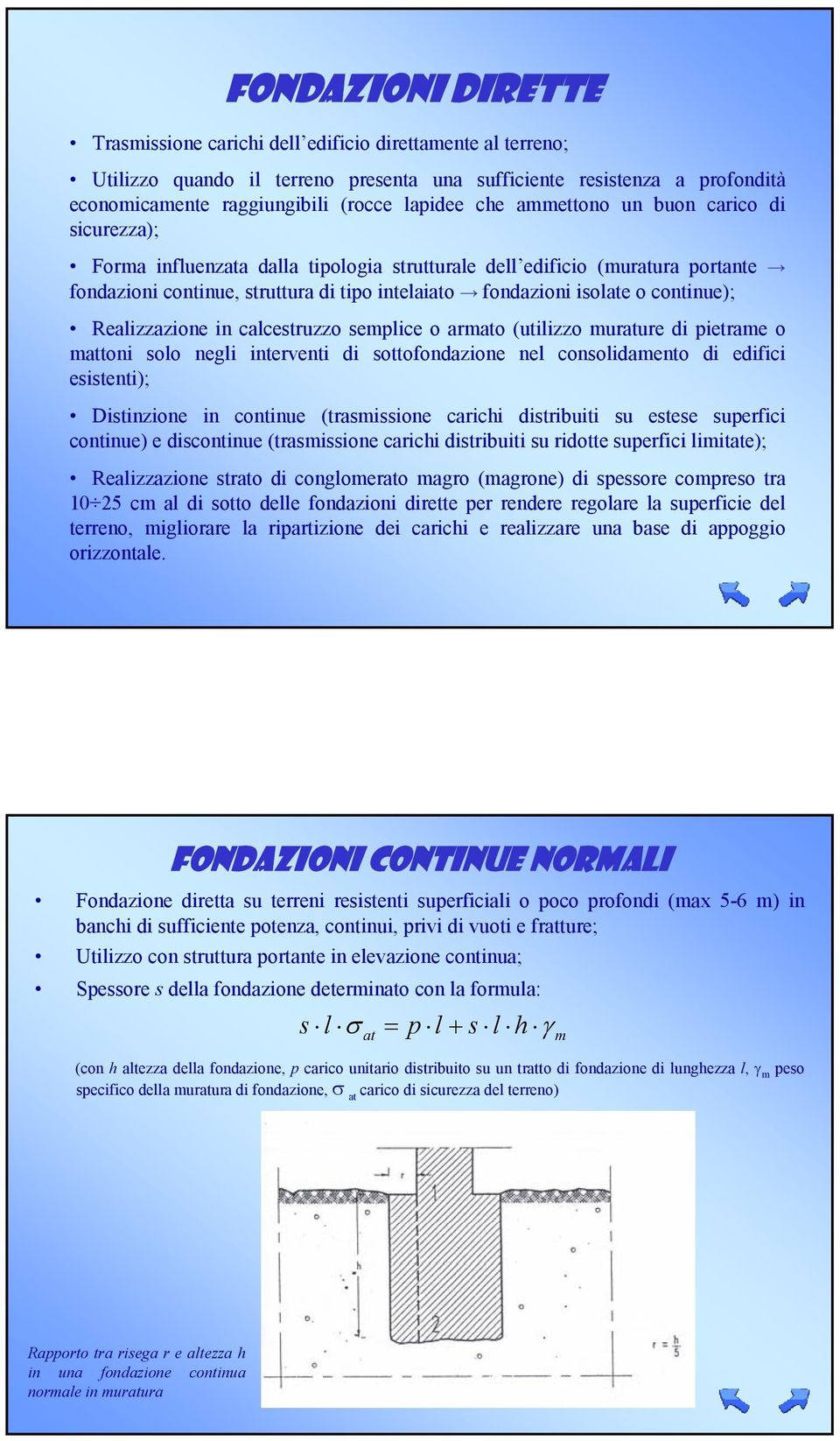 continue); Realizzazione in calcestruzzo semplice o armato (utilizzo murature di pietrame o mattoni solo negli interventi di sottofondazione nel consolidamento di edifici esistenti); Distinzione in