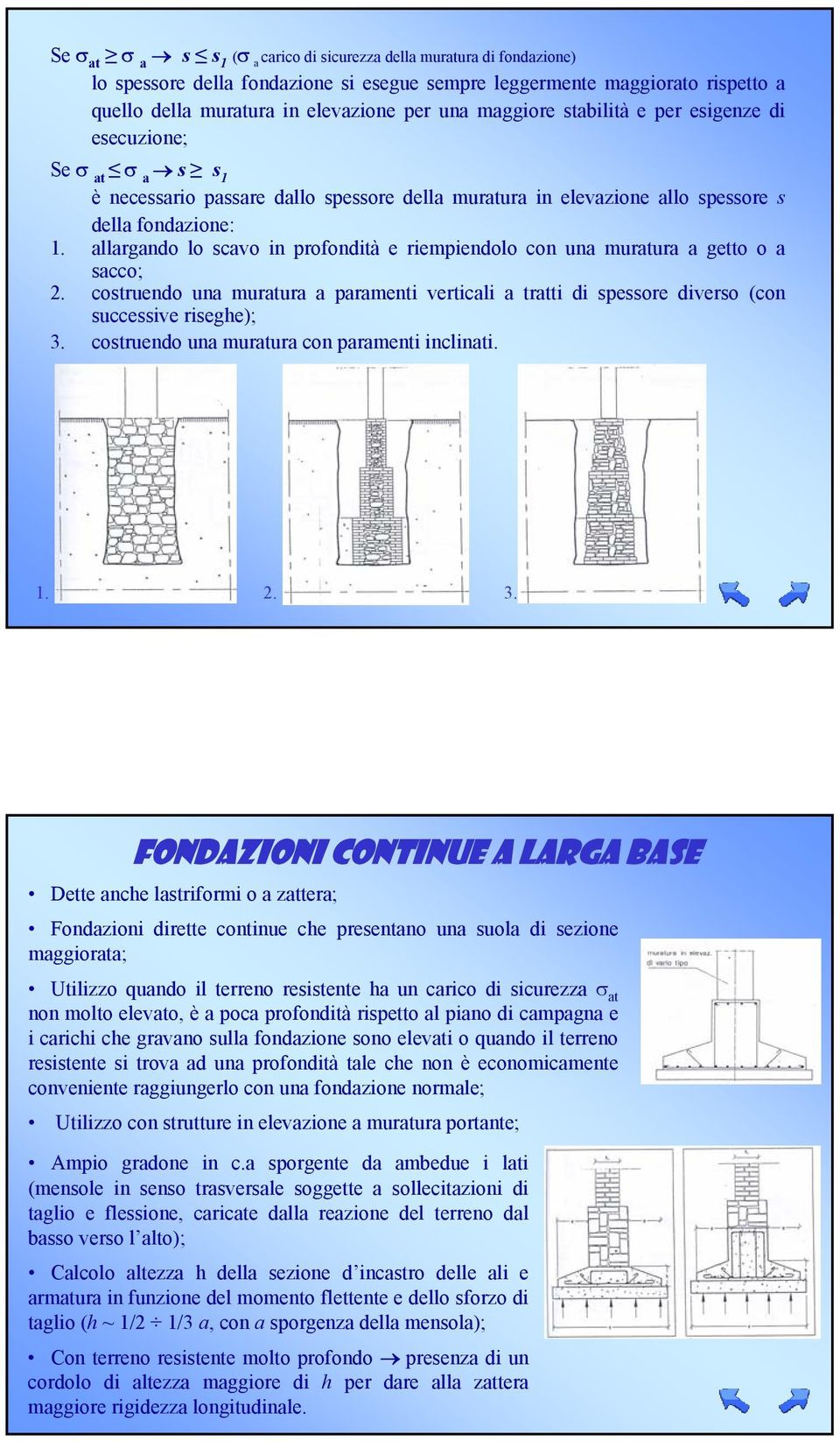 allargando lo scavo in profondità e riempiendolo con una muratura a getto o a sacco; 2. costruendo una muratura a paramenti verticali a tratti di spessore diverso (con successive riseghe); 3.