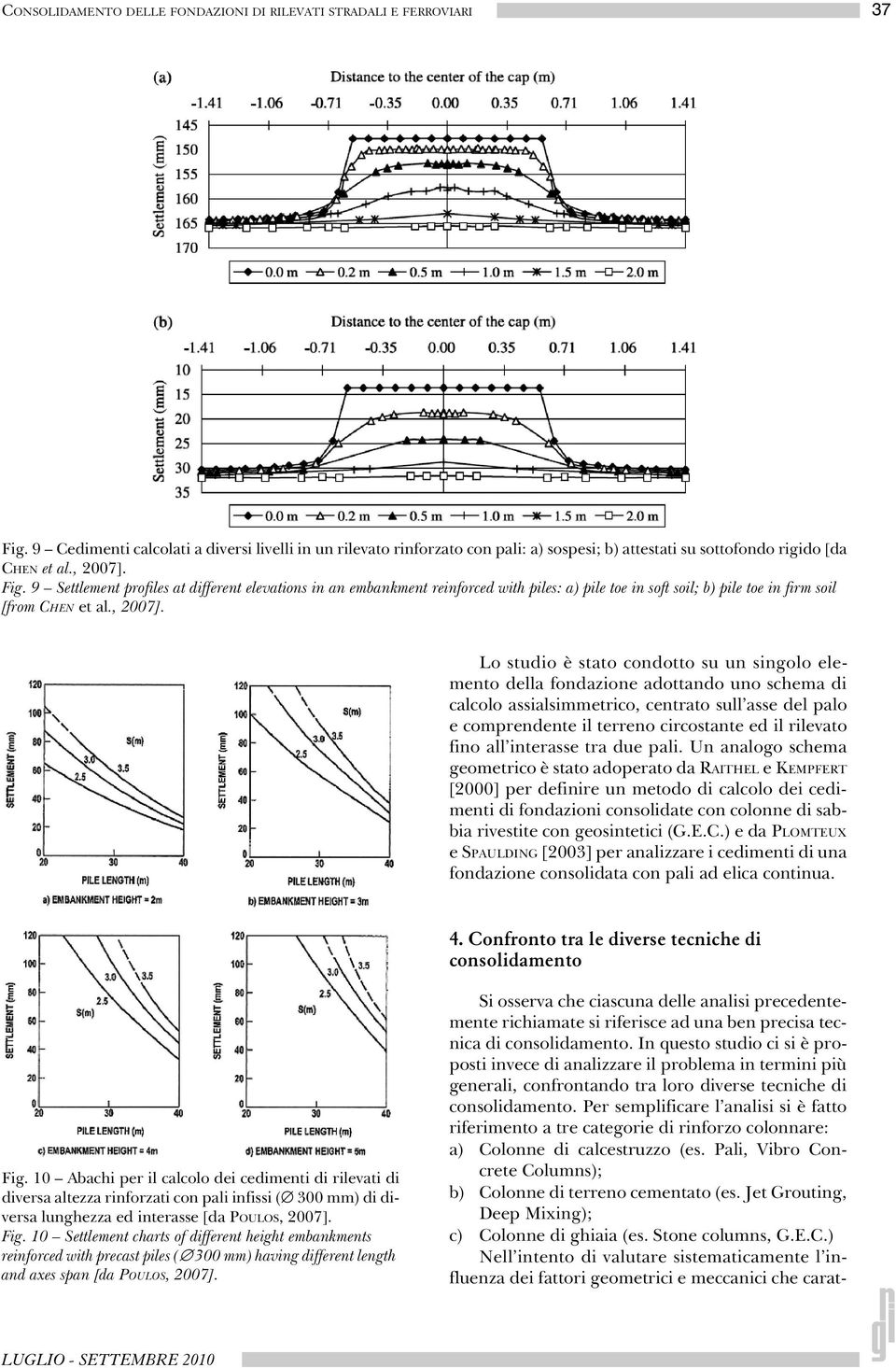 9 Settlement profiles at different elevations in an embankment reinforced with piles: a) pile toe in soft soil; b) pile toe in firm soil [from CHEN et al., 2007].