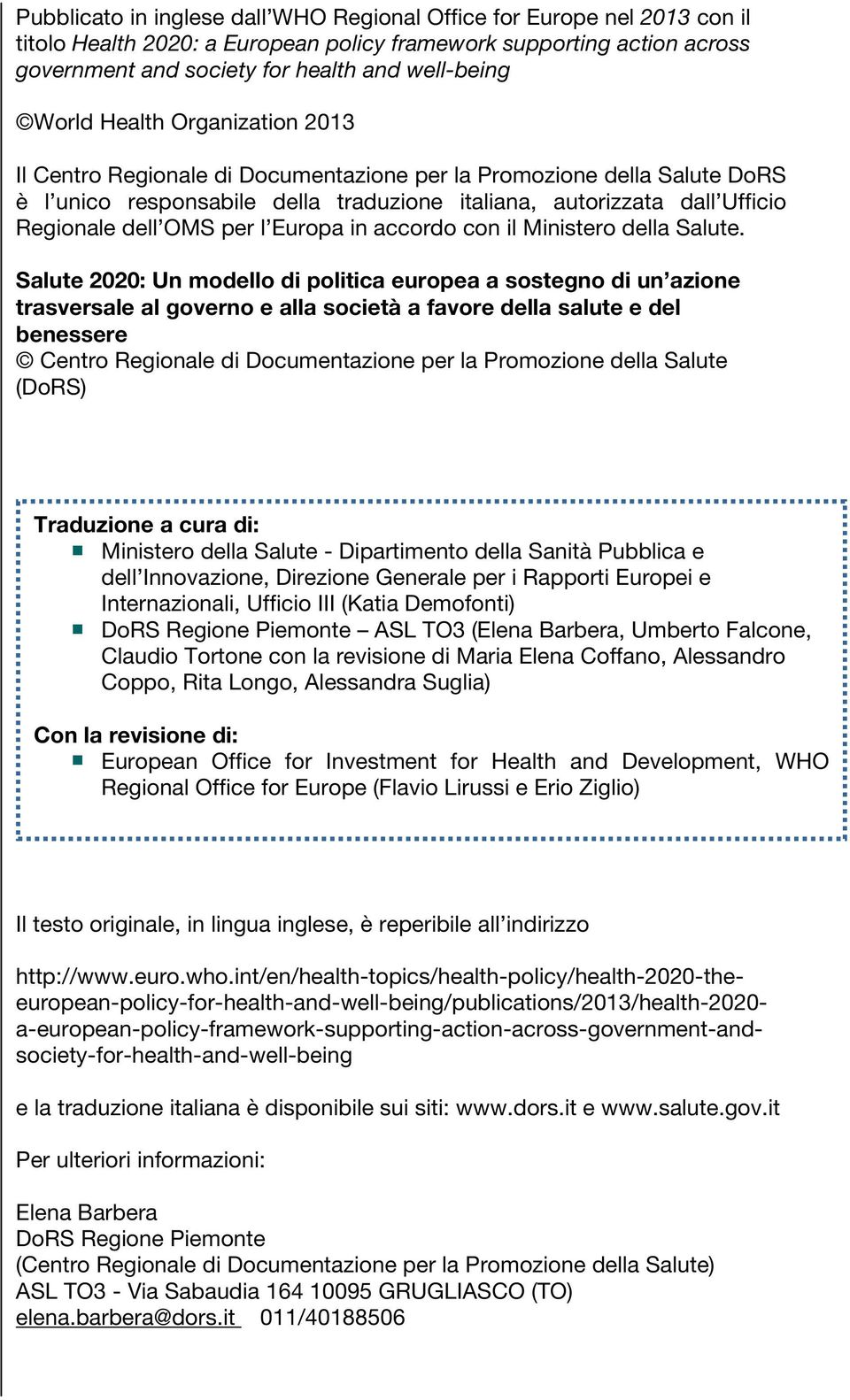 per l Europa in accordo con il Ministero della Salute.