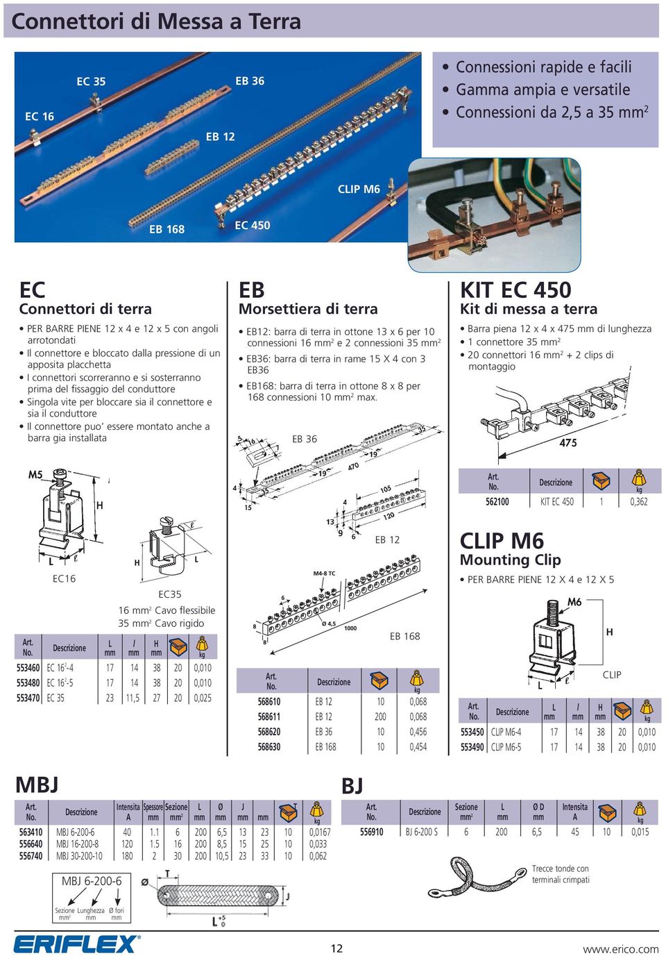 sia il connettore e sia il conduttore Il connettore puo essere montato anche a barra gia installata EB Morsettiera di terra EB12: barra di terra in ottone 13 x per 10 connessioni 1 mm 2 e 2