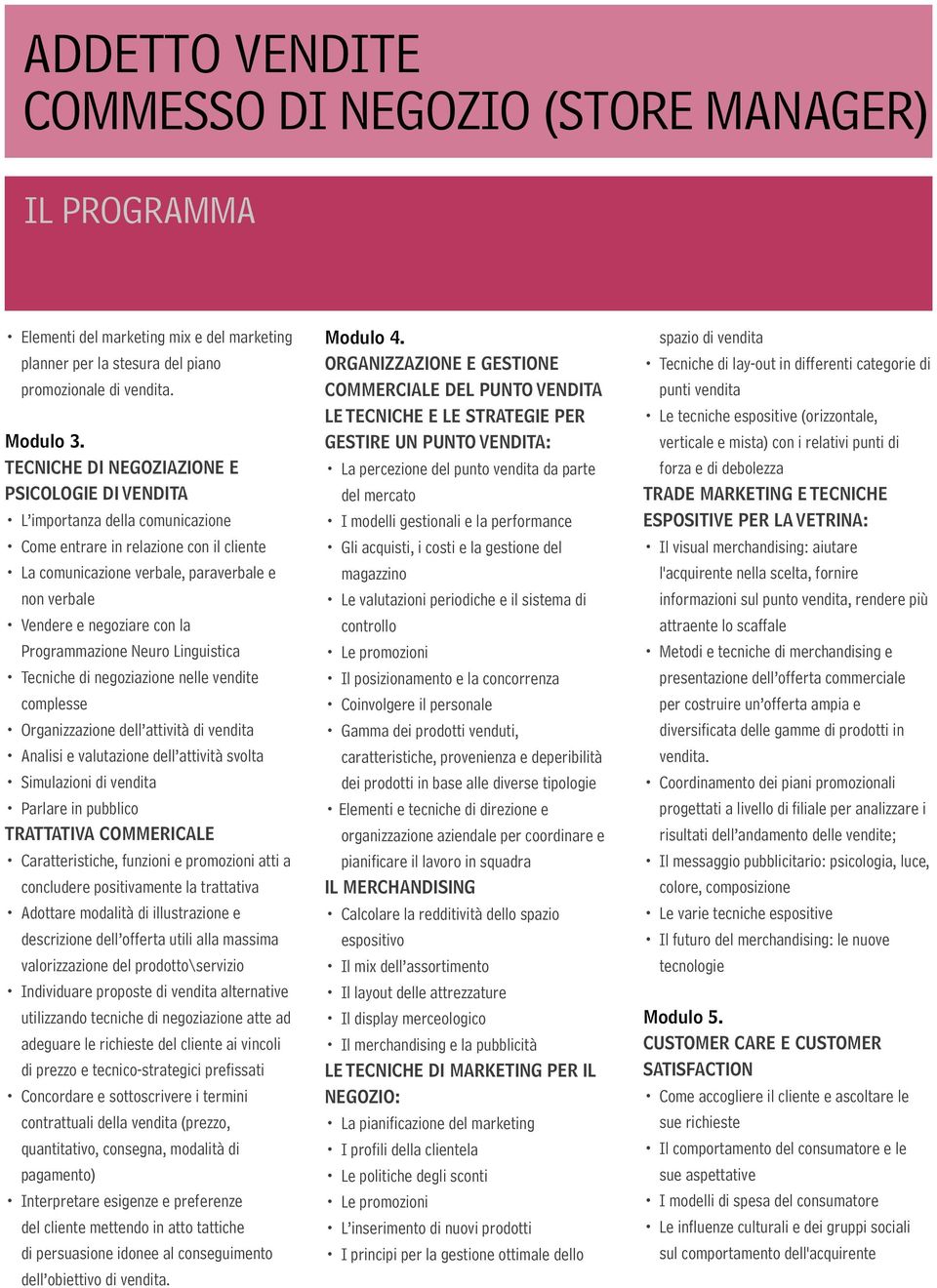 la Programmazione Neuro Linguistica Tecniche di negoziazione nelle vendite complesse Organizzazione dell attività di vendita Analisi e valutazione dell attività svolta Simulazioni di vendita Parlare