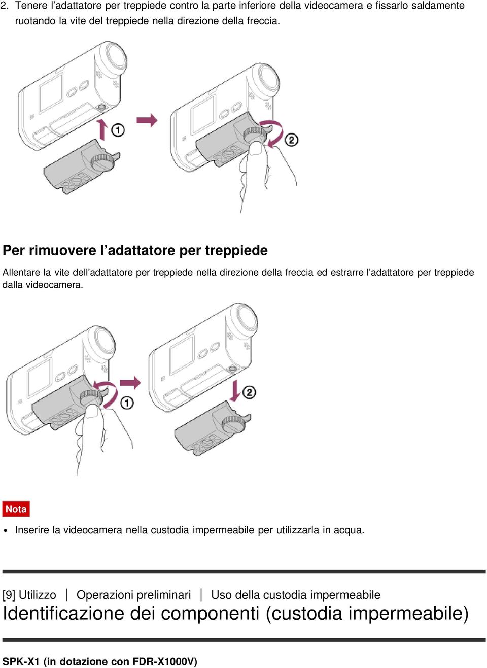 Per rimuovere l adattatore per treppiede Allentare la vite dell adattatore per treppiede nella direzione della freccia ed estrarre l adattatore