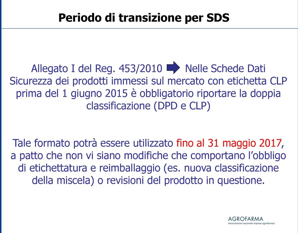 obbligatorio riportare la doppia classificazione (DPD e CLP) Tale formato potrà essere utilizzato fino al 31