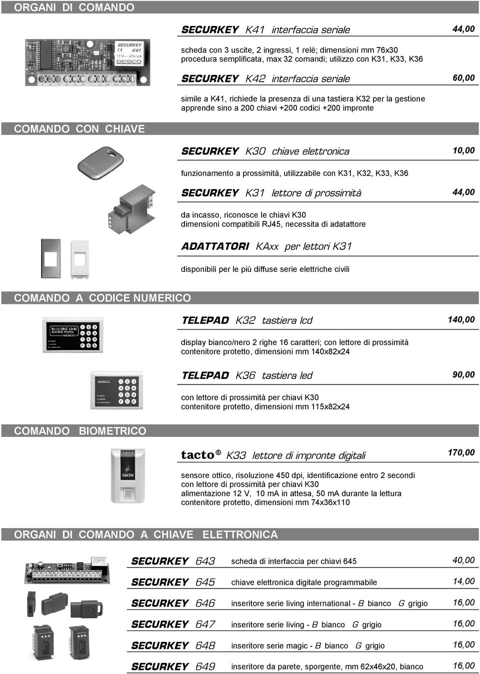 elettronica 10,00 funzionamento a prossimità, utilizzabile con K31, K32, K33, K36 SECURKEY K31 lettore di prossimità 44,00 da incasso, riconosce le chiavi K30 dimensioni compatibili RJ45, necessita