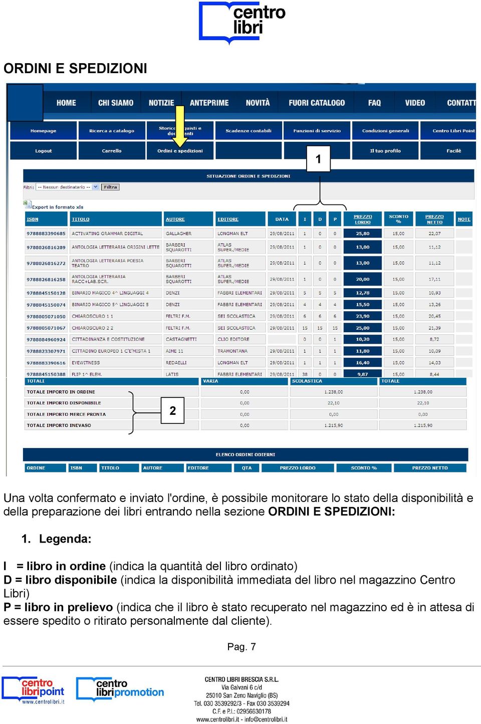 Legenda: I = libro in ordine (indica la quantità del libro ordinato) D = libro disponibile (indica la disponibilità immediata