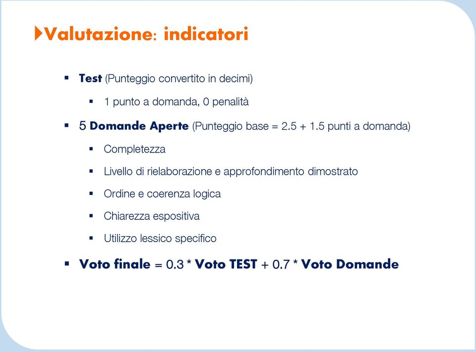 5 punti a domanda) Completezza Livello di rielaborazione e approfondimento dimostrato