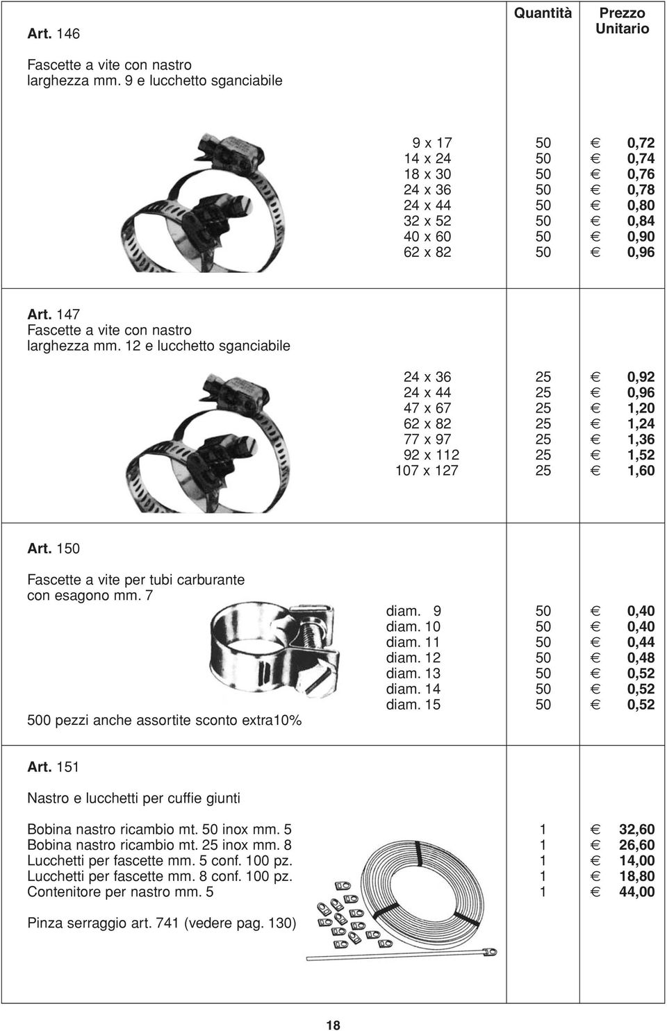 147 Fascette a vite con nastro larghezza mm. 12 e lucchetto sganciabile 24 x 36 25 0,92 24 x 44 25 0,96 47 x 67 25 1,20 62 x 82 25 1,24 77 x 97 25 1,36 92 x 112 25 1,52 107 x 127 25 1,60 Art.