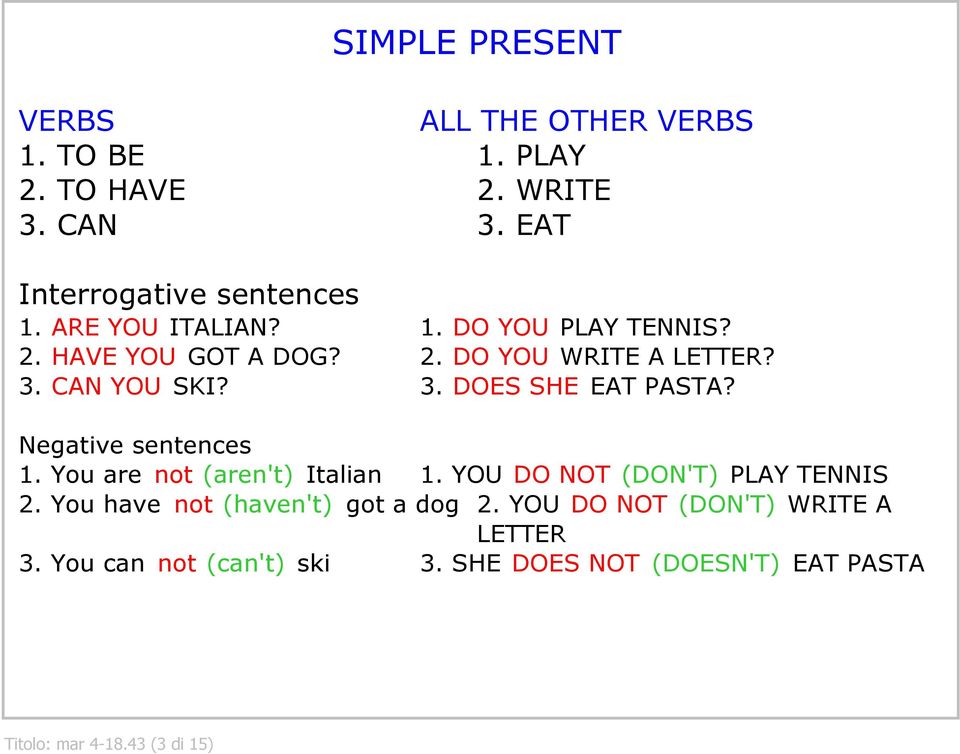 Negative sentences 1. You are not (aren't) Italian 1. YOU DO NOT (DON'T) PLAY TENNIS 2. You have not (haven't) got a dog 2.