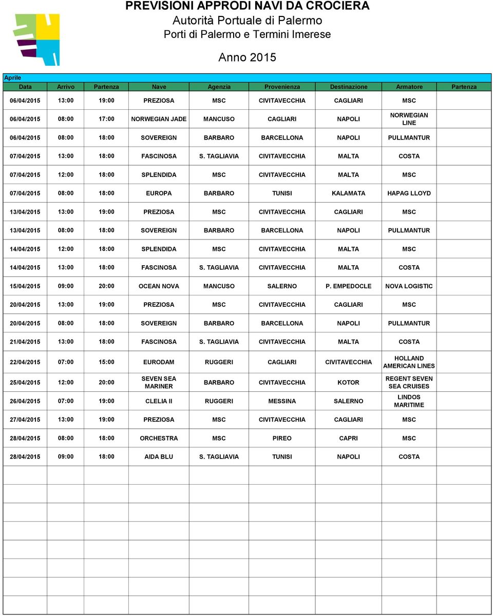 TAGLIAVIA CIVITAVECCHIA MALTA COSTA 07/04/2015 12:00 18:00 SPLENDIDA MSC CIVITAVECCHIA MALTA MSC 07/04/2015 08:00 18:00 EUROPA BARBARO TUNISI KALAMATA HAPAG LLOYD 13/04/2015 13:00 19:00 PREZIOSA MSC