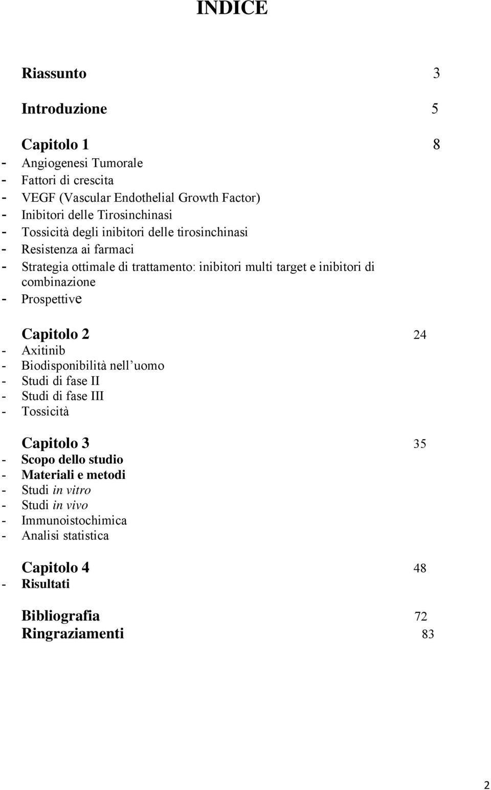 di combinazione - Prospettive Capitolo 2 24 - Axitinib - Biodisponibilità nell uomo - Studi di fase II - Studi di fase III - Tossicità Capitolo 3 35 - Scopo