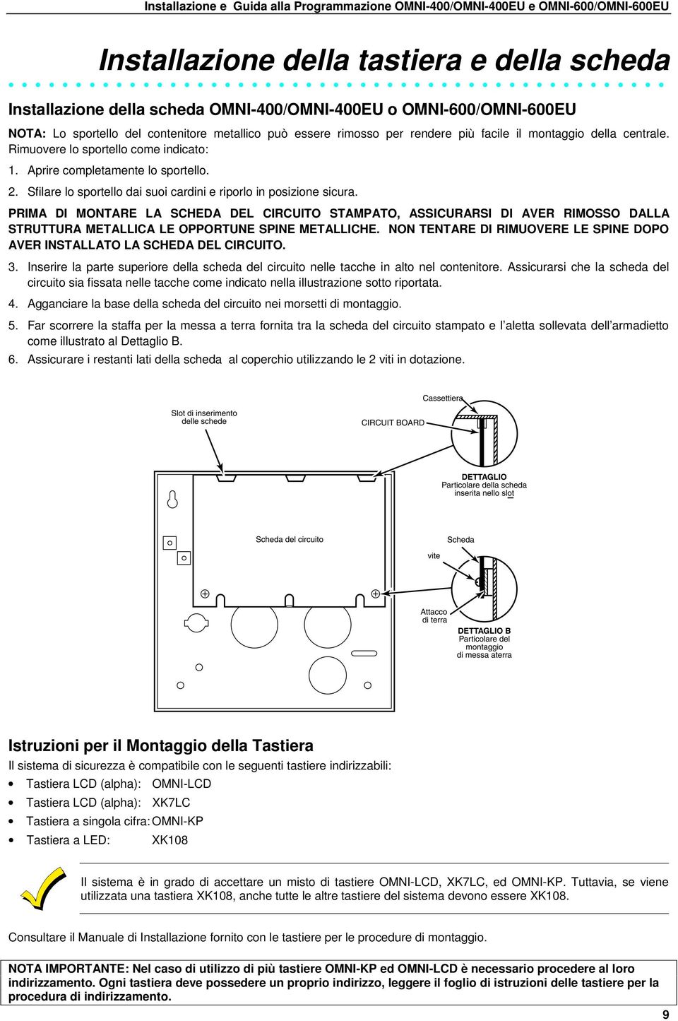 PRIMA DI MONTARE LA SCHEDA DEL CIRCUITO STAMPATO, ASSICURARSI DI AVER RIMOSSO DALLA STRUTTURA METALLICA LE OPPORTUNE SPINE METALLICHE.