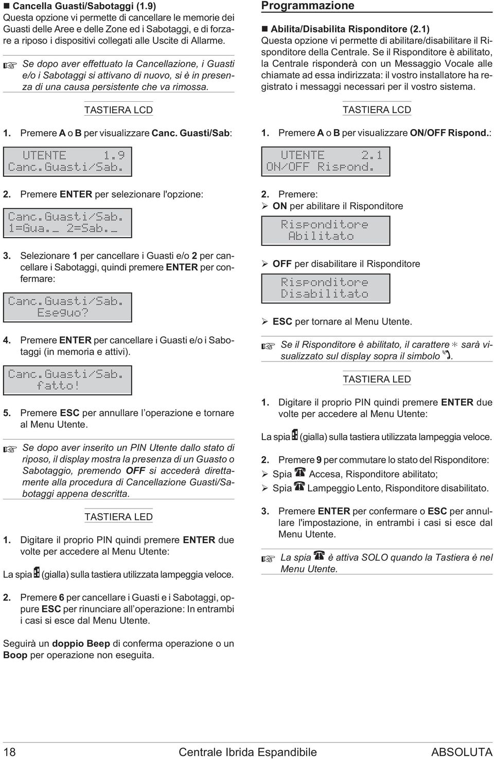 Se dopo aver effettuato la Cancellazione, i Guasti e/o i Sabotaggi si attivano di nuovo, si è in presenza di una causa persistente che va rimossa. 1. Premere A o B per visualizzare Canc.