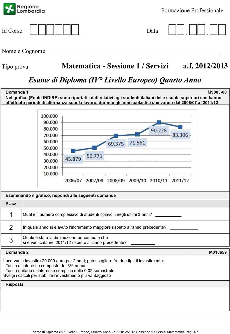 gli anni scolastici che vanno dal 2006/07 al 2011/12 Esaminando il grafico, rispondi alle seguenti domande 1 Qual è il numero complessivo di studenti coinvolti negli ultimi 3 anni?