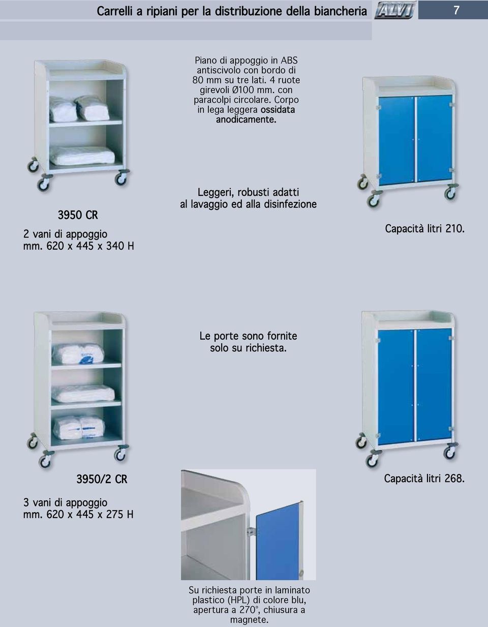 620 x 445 x 340 H Leggeri, robusti adatti al lavaggio ed alla disinfezione Capacità litri 210. Le porte sono fornite solo su richiesta.