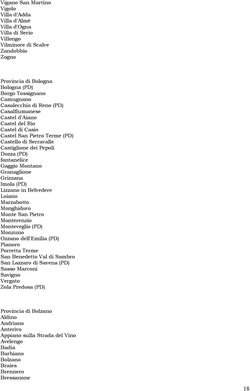 Grizzana Imola (PD) Lizzano in Belvedere Loiano Marzabotto Monghidoro Monte San Pietro Monterenzio Monteveglio (PD) Monzuno Ozzano dell'emilia (PD) Pianoro Porretta Terme San Benedetto Val di Sambro
