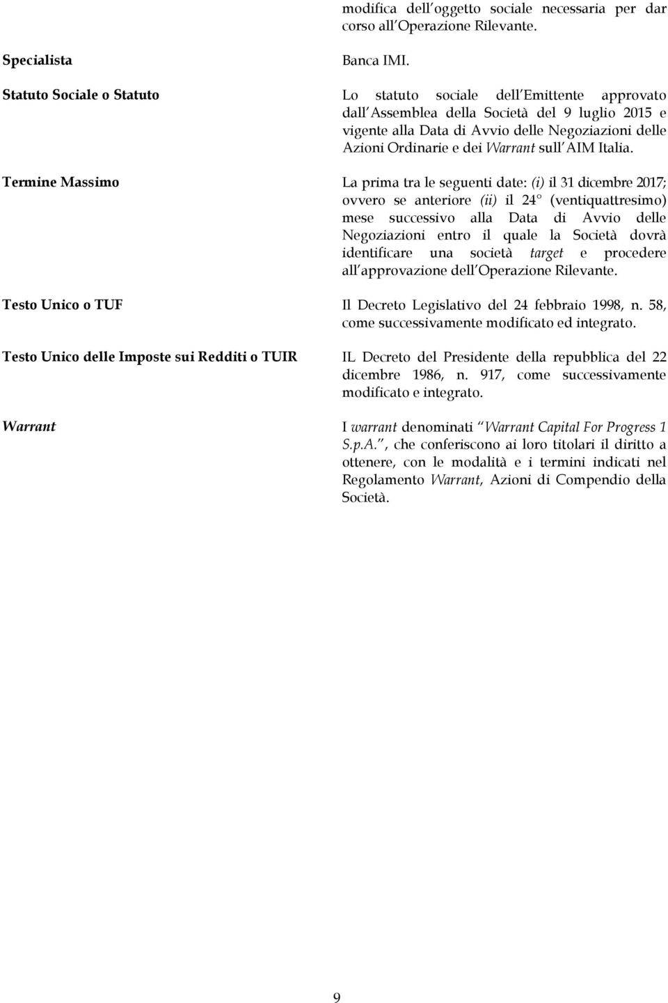 Termine Massimo La prima tra le seguenti date: (i) il 31 dicembre 2017; ovvero se anteriore (ii) il 24 (ventiquattresimo) mese successivo alla Data di Avvio delle Negoziazioni entro il quale la