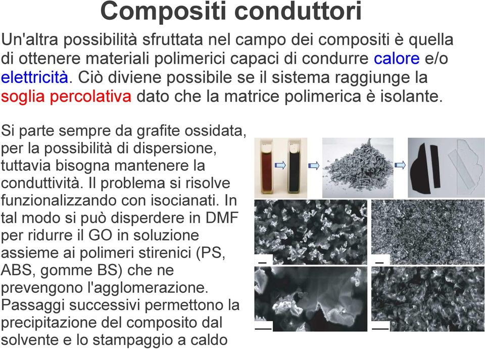 Si parte sempre da grafite ossidata, per la possibilità di dispersione, tuttavia bisogna mantenere la conduttività. Il problema si risolve funzionalizzando con isocianati.