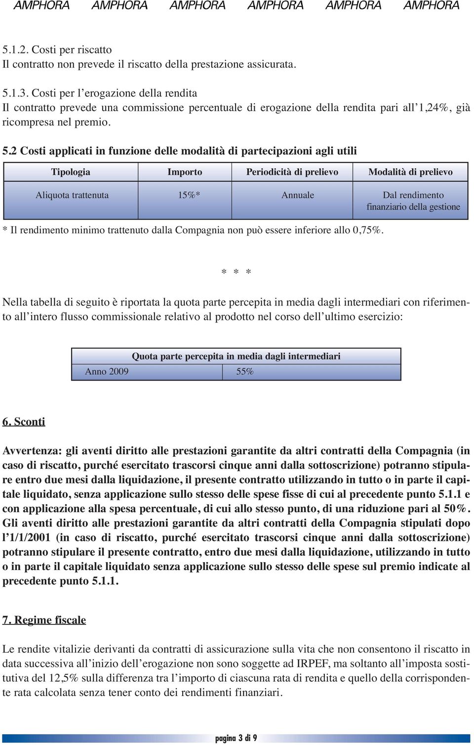 2 Costi applicati in funzione delle modalità di partecipazioni agli utili Tipologia Importo Periodicità di prelievo Modalità di prelievo Aliquota trattenuta 15%* Annuale Dal rendimento finanziario