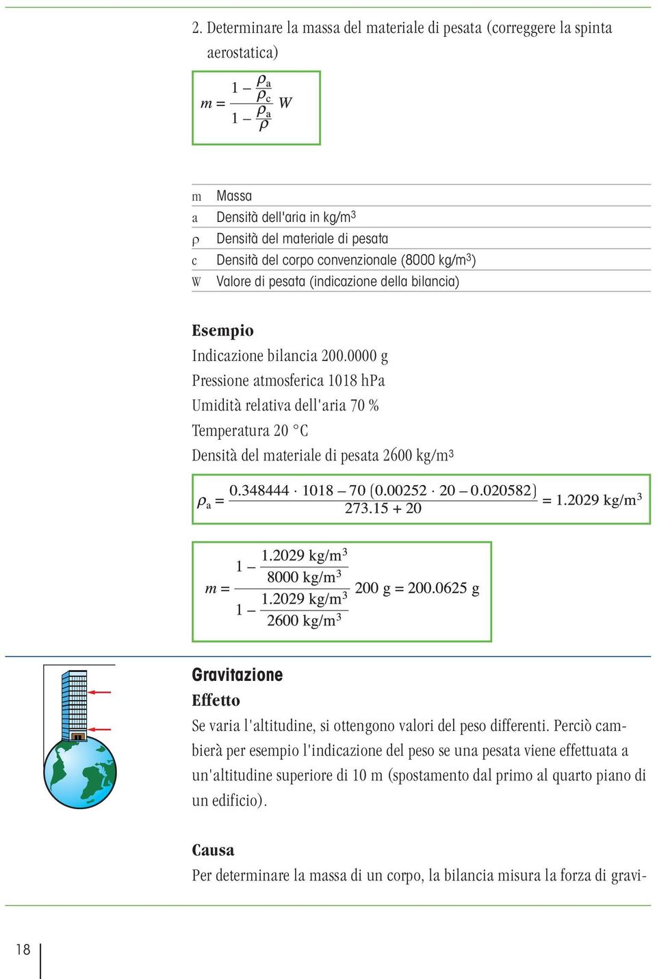 0000 g Pressione atmosferica 1018 hpa Umidità relativa dell'aria 70 % Temperatura 20 C Densità del materiale di pesata 2600 kg/m 3 Gravitazione Effetto Se varia l'altitudine, si ottengono