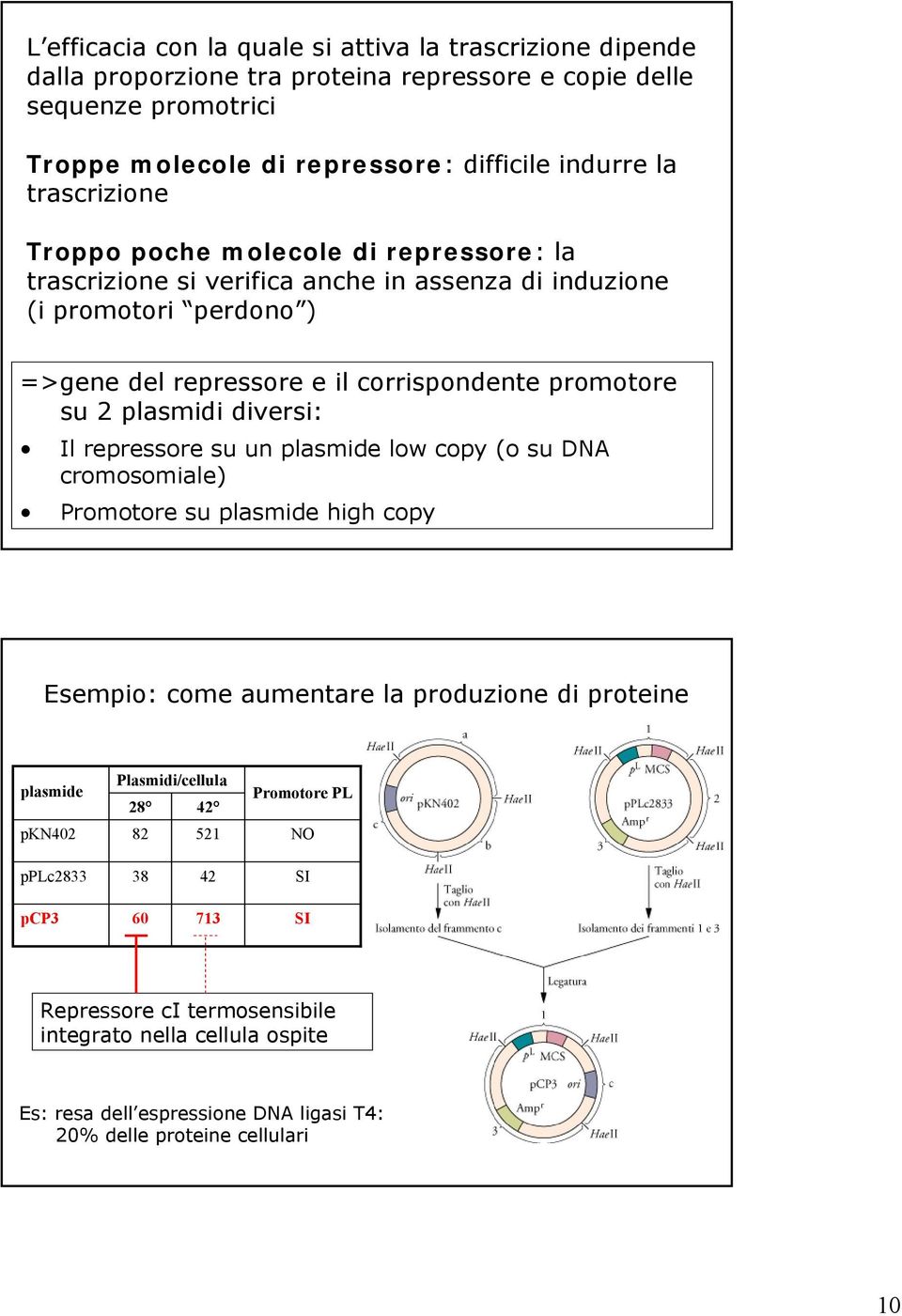 plasmidi diversi: Il repressore su un plasmide low copy (o su DNA cromosomiale) Promotore su plasmide high copy Esempio: come aumentare la produzione di proteine plasmide pkn402