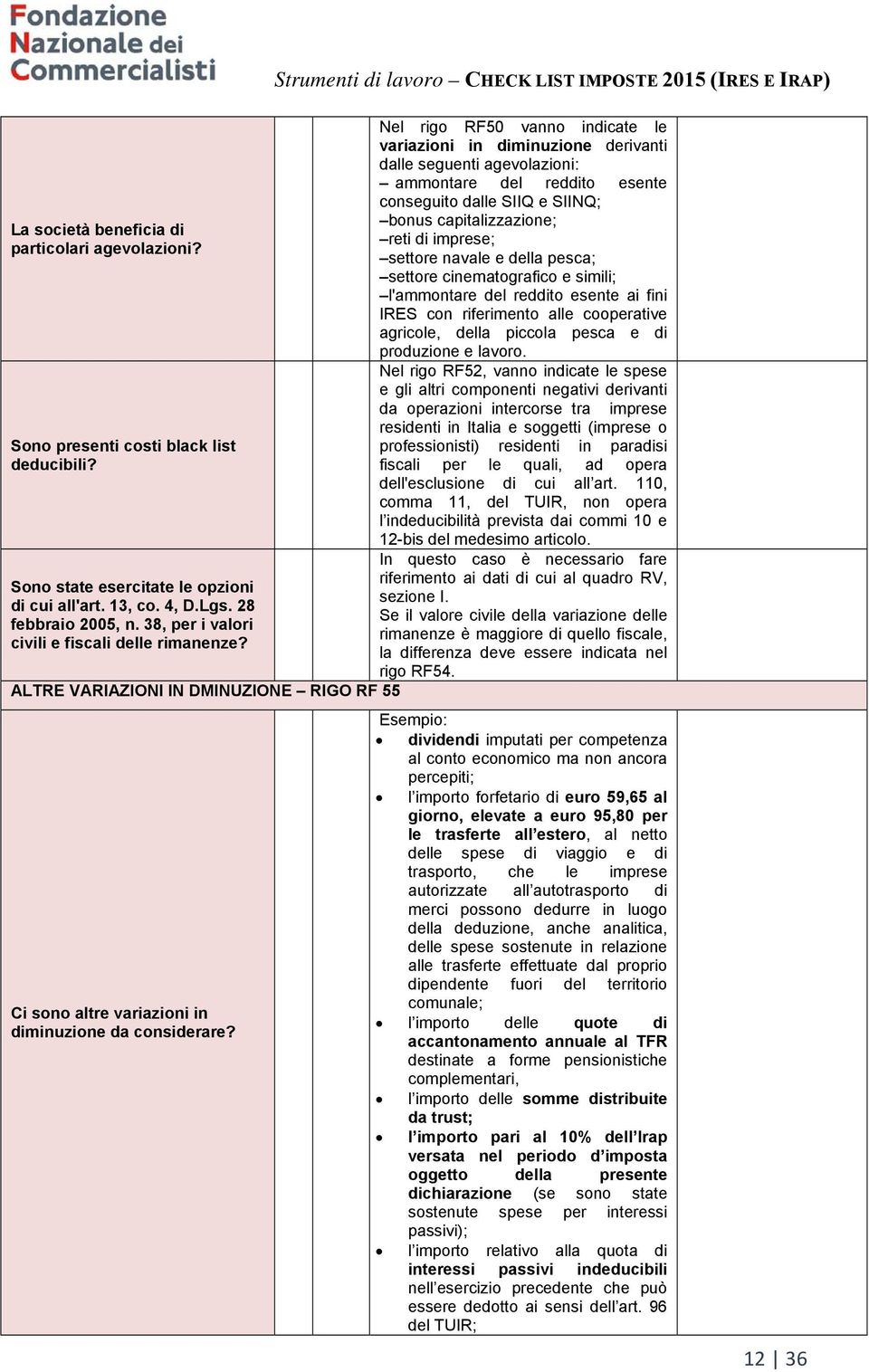 Nel rigo RF50 vanno indicate le variazioni in diminuzione derivanti dalle seguenti agevolazioni: ammontare del reddito esente conseguito dalle SIIQ e SIINQ; bonus capitalizzazione; reti di imprese;