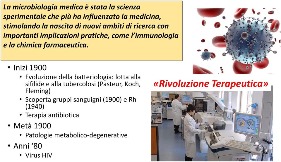 Inizi 1900 Evoluzione della batteriologia: lotta alla sifilide e alla tubercolosi (Pasteur, Koch, Fleming) Scoperta