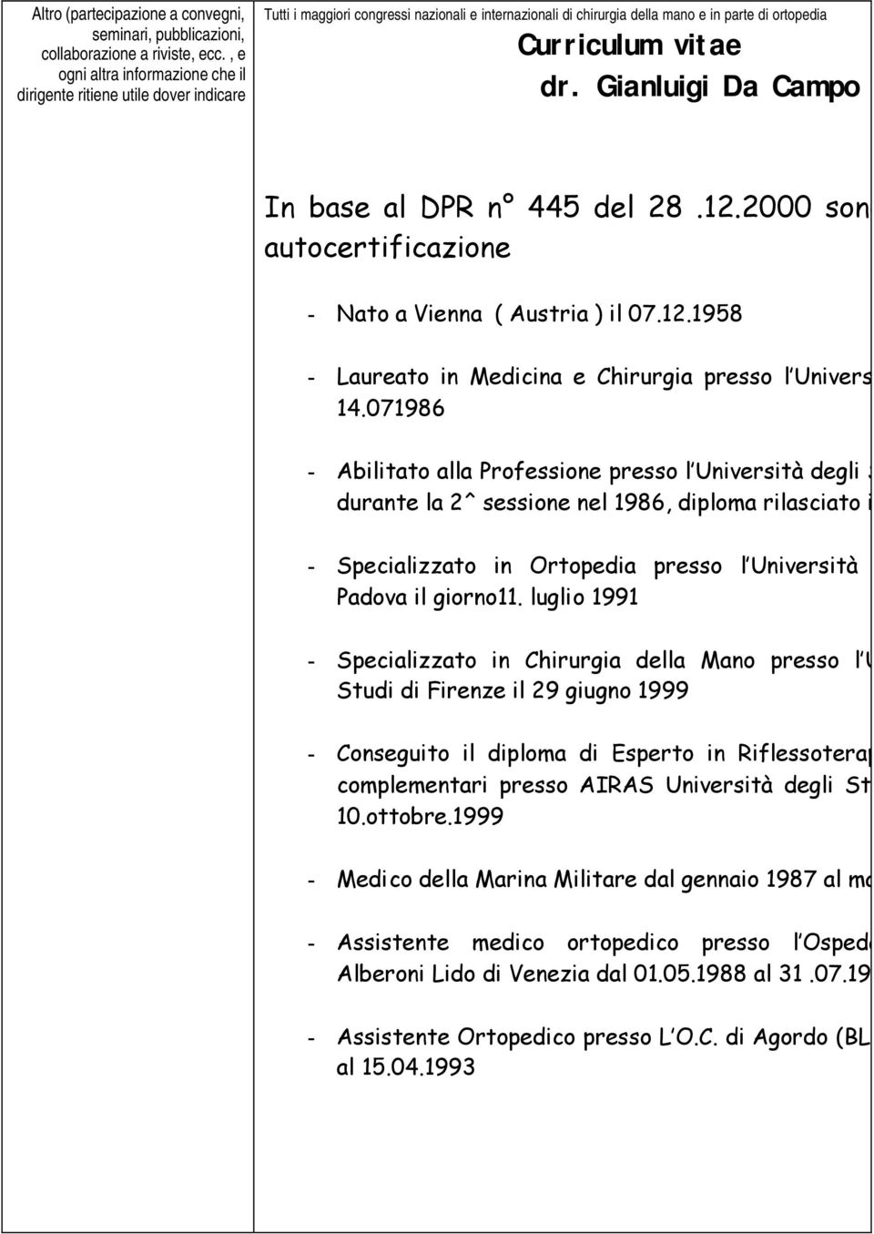 Gianluigi Da Campo In base al DPR n 445 del 28.12.2000 sono so autocertificazione - Nato a Vienna ( Austria ) il 07.12.1958 - Laureato in Medicina e Chirurgia presso l Università d 14.