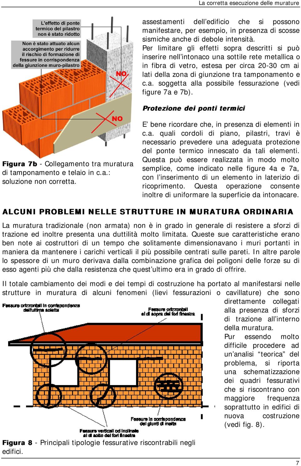 Protezione dei ponti termici Figura 7b - Collegamento tra muratura di tamponamento e telaio in c.a.: soluzione non corretta. E bene ricordare che, in presenza di elementi in c.a. quali cordoli di piano, pilastri, travi è necessario prevedere una adeguata protezione del ponte termico innescato da tali elementi.