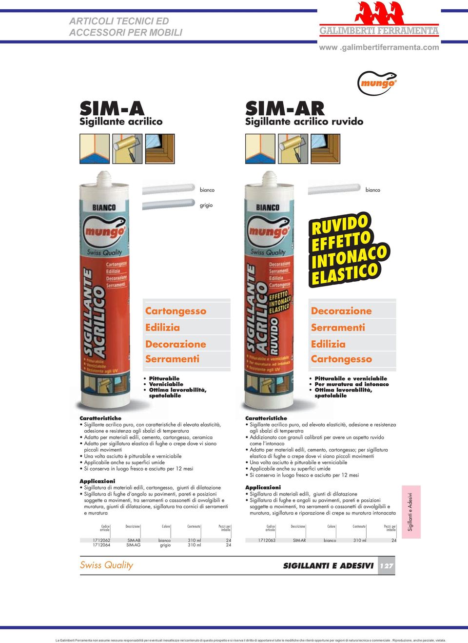 resistenza agli sbalzi di temperatura Adatto per materiali edili, cemento, cartongesso, ceramica Adatto per sigillatura elastica di fughe o crepe dove vi siano piccoli movimenti Una volta asciutto è