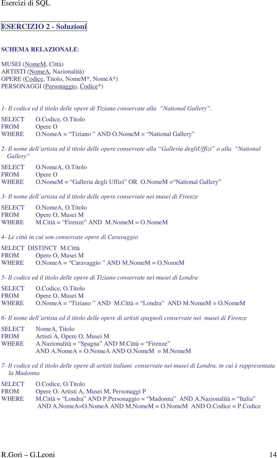 NomeM = National Gallery 2- Il nome dell artista ed il titolo delle opere conservate alla Galleria degliuffizi o alla National Gallery O.NomeA, O.Titolo Opere O O.NomeM = Galleria degli Uffizi OR O.