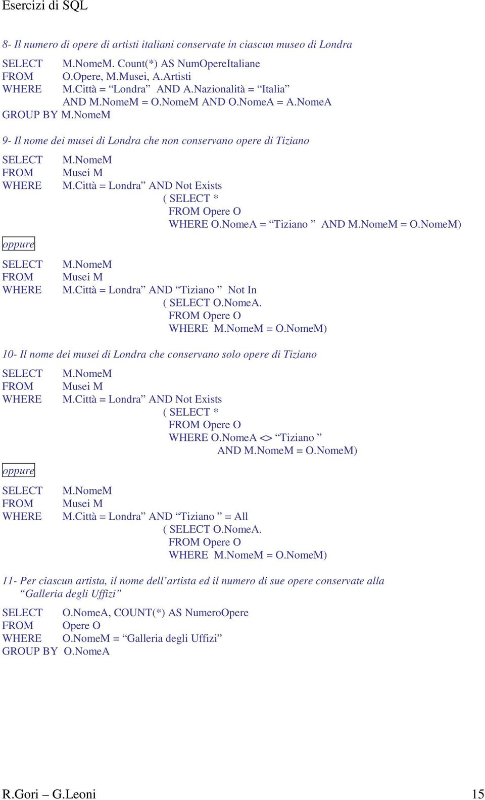 NomeA = Tiziano AND M.NomeM = O.NomeM) M.NomeM Musei M M.Città = Londra AND Tiziano Not In ( O.NomeA. Opere O M.NomeM = O.NomeM) 10- Il nome dei musei di Londra che conservano solo opere di Tiziano M.