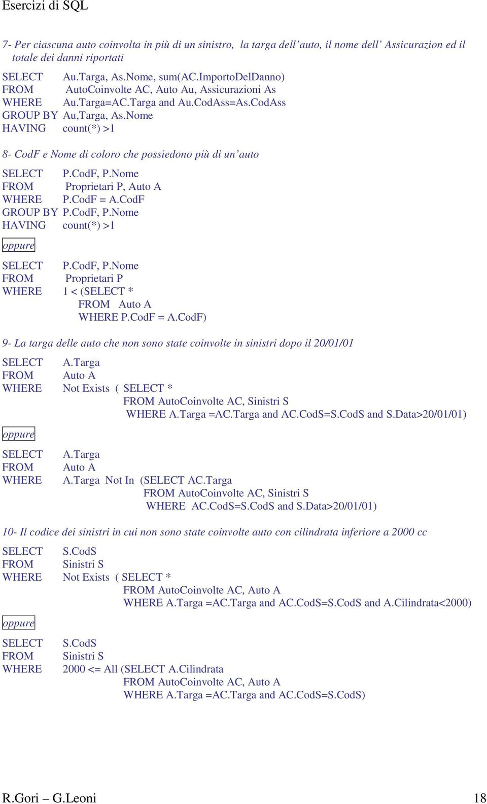 Nome HAVING count(*) >1 8- CodF e Nome di coloro che possiedono più di un auto P.CodF, P.Nome Proprietari P, Auto A P.CodF = A.CodF GROUP BY P.CodF, P.Nome HAVING count(*) >1 P.CodF, P.Nome Proprietari P 1 < ( * Auto A P.