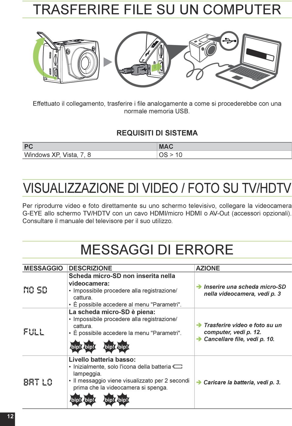 G-EYE allo schermo TV/HDTV con un cavo HDMI/micro HDMI o AV-Out (accessori opzionali). Consultare il manuale del televisore per il suo utilizzo.