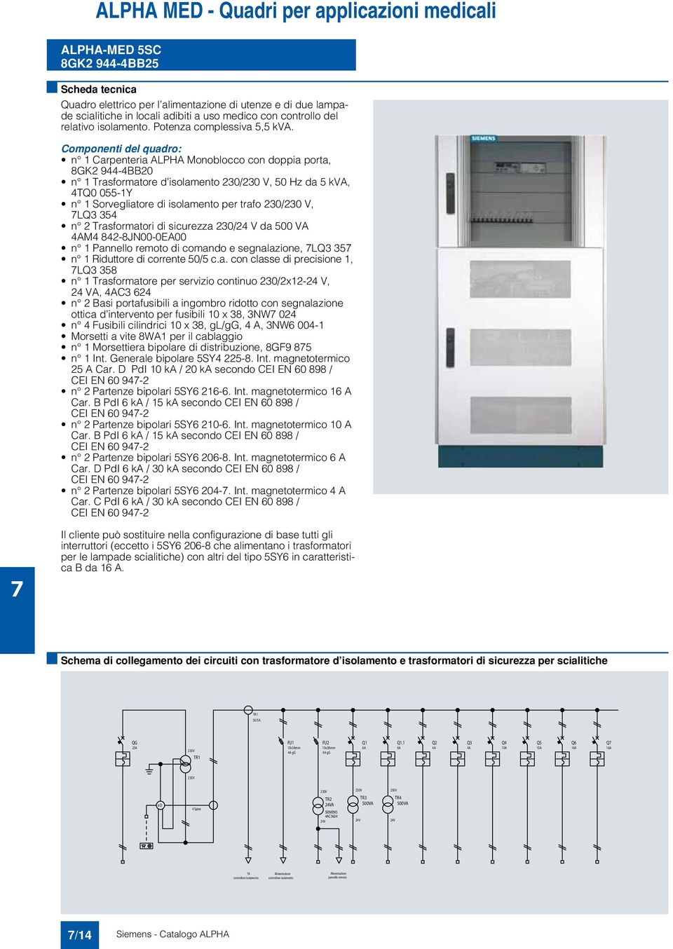 Componenti del quadro: n 1 Carpenteria ALPHA Monoblocco con doppia porta, 8GK2 944-4BB20 n 1 Trasformatore d isolamento 230/230 V, 50 Hz da 5 kva, 4TQ0 055-1Y n 1 Sorvegliatore di isolamento per