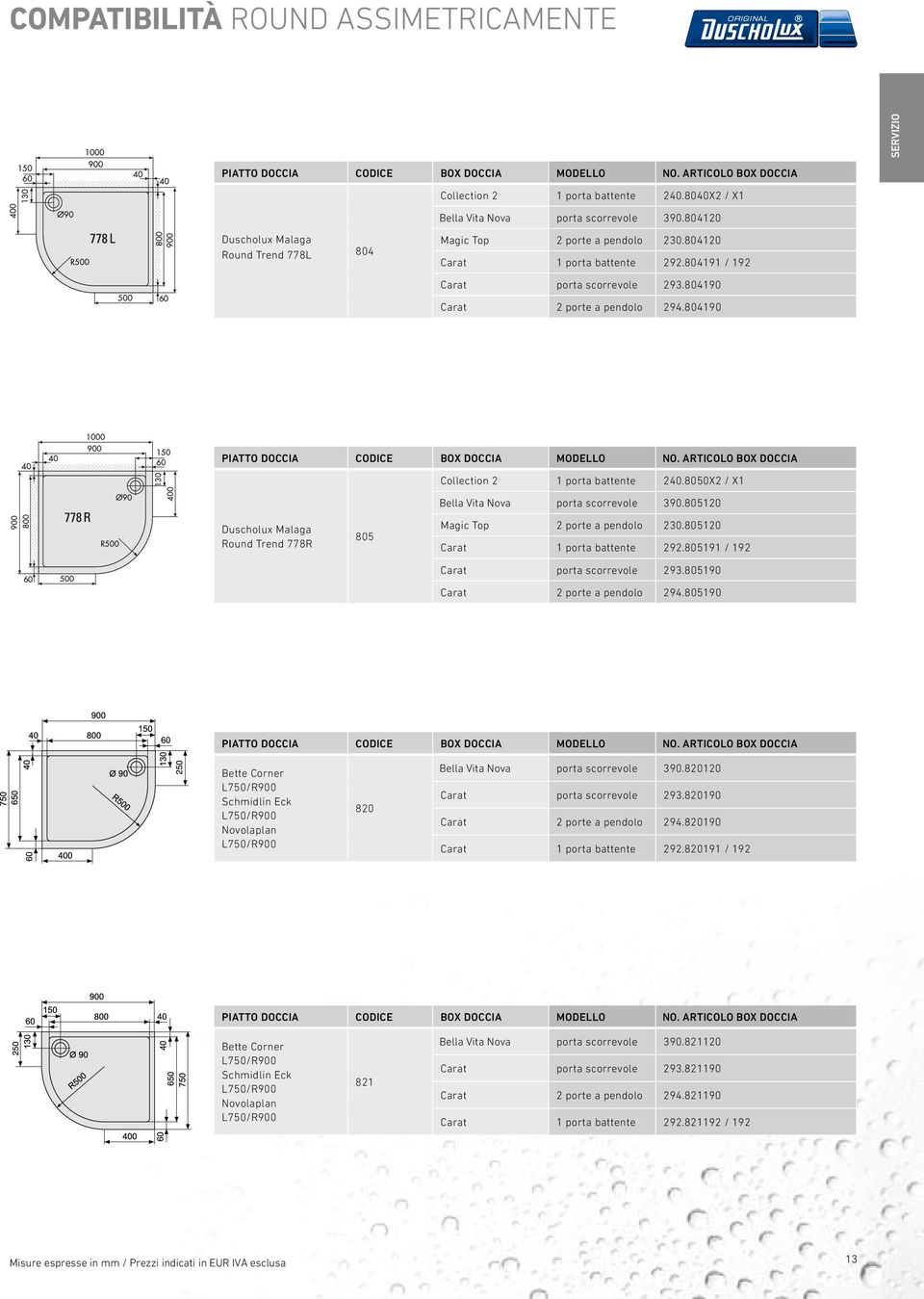 804190 piatto doccia COdICE BOX doccia MOdELLO NO. ARtICOLO BOX doccia Collection 2 1 porta battente 240.8050X2 / X1 Bella Vita Nova porta scorrevole 390.