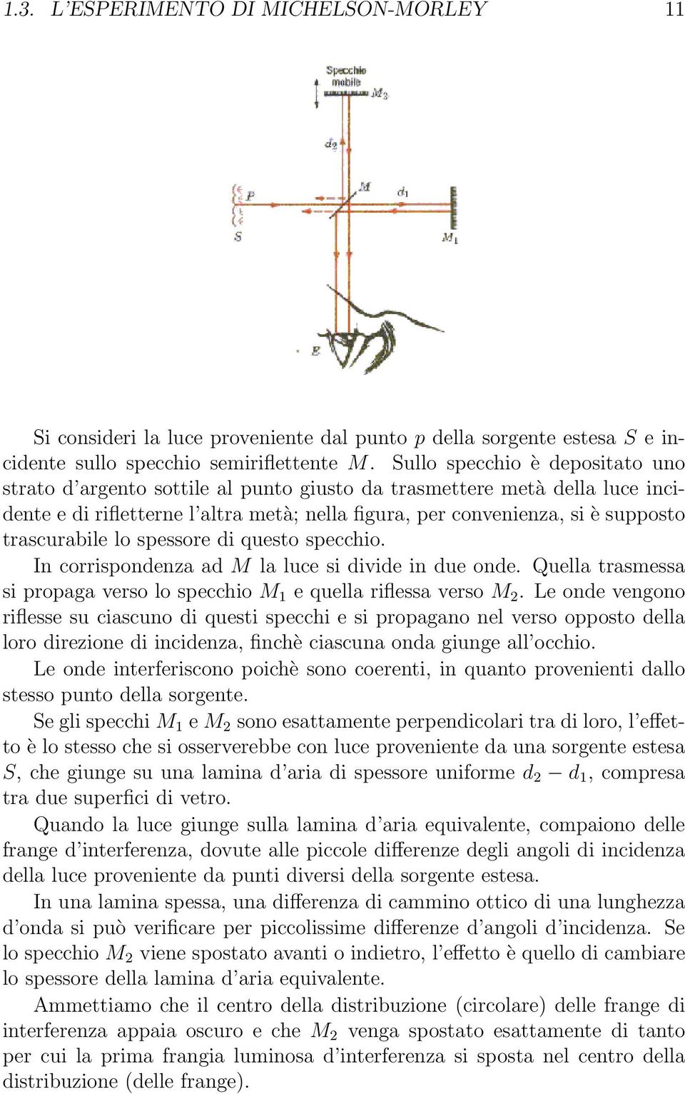 trascurabile lo spessore di questo specchio. In corrispondenza ad M la luce si divide in due onde. Quella trasmessa si propaga verso lo specchio M 1 e quella riflessa verso M 2.