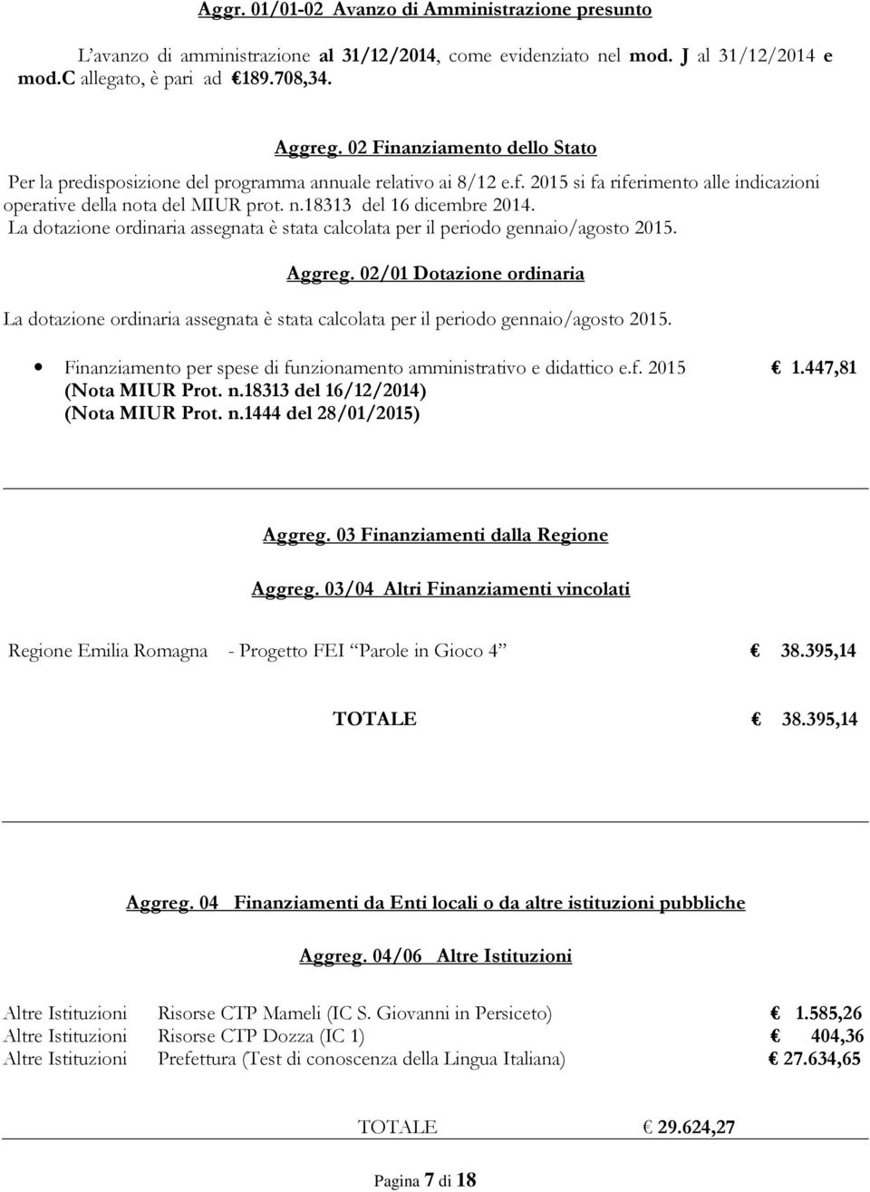 La dotazione ordinaria assegnata è stata calcolata per il periodo gennaio/agosto 2015. Aggreg.