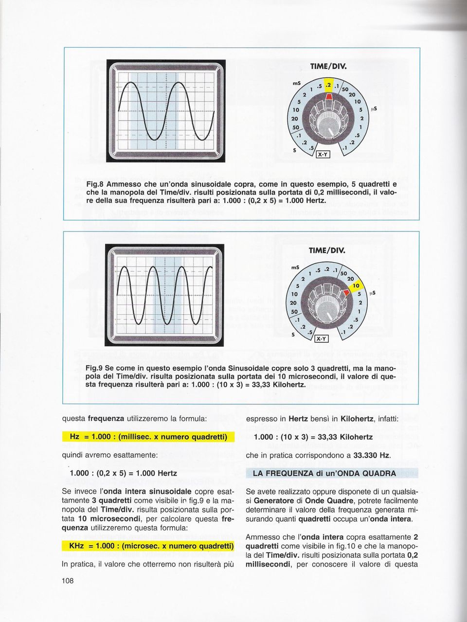 9 Se come in questo esempio l'onda Sinusoldale copre solo 3 quadretti, ma la manopola del Time/div.