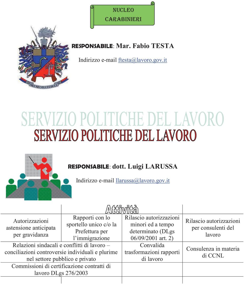 it Autorizzazioni astensione anticipata per gravidanza Rapporti con lo sportello unico c/o la Prefettura per l immigrazione Relazioni sindacali e conflitti di lavoro