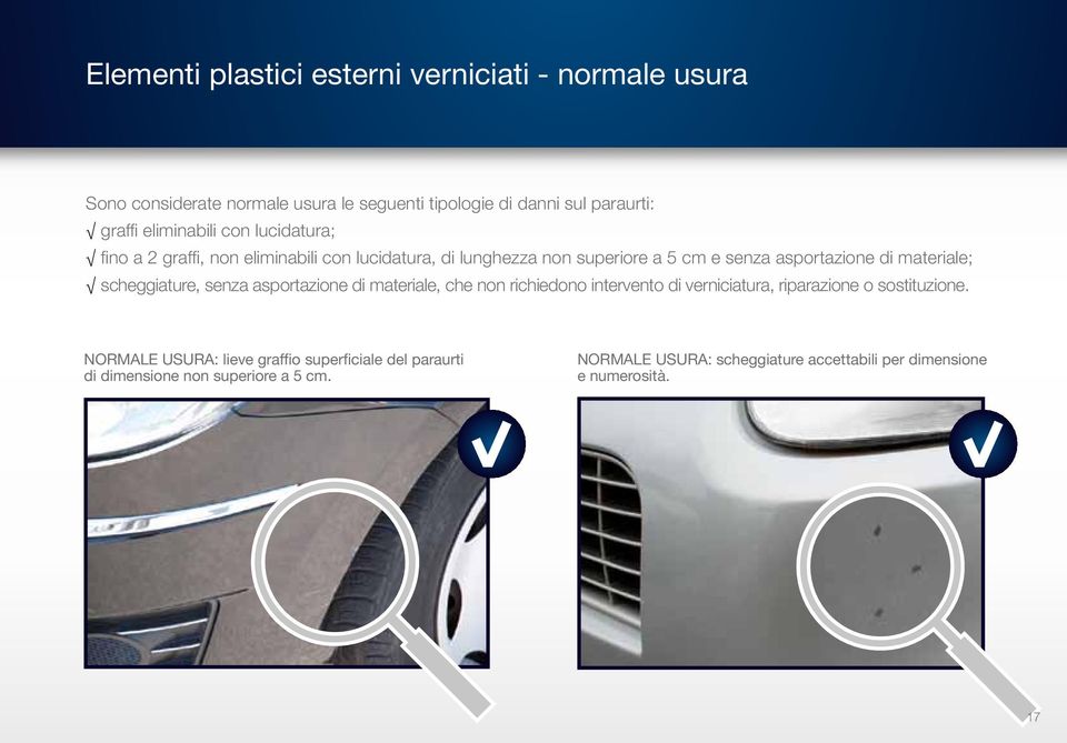 materiale; scheggiature, senza asportazione di materiale, che non richiedono intervento di verniciatura, riparazione o sostituzione.