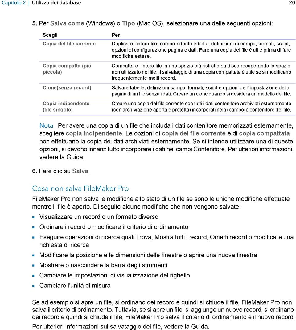 Duplicare l'intero file, comprendente tabelle, definizioni di campo, formati, script, opzioni di configurazione pagina e dati. Fare una copia del file è utile prima di fare modifiche estese.