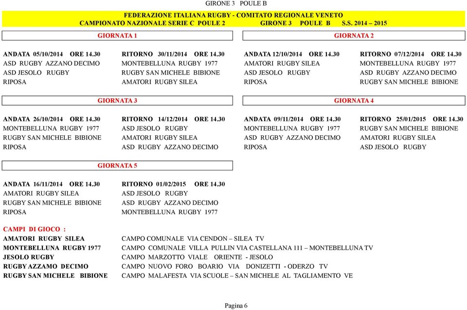 S. 2014 2015 ASD RUGBY AZZANO DECIMO MONTEBELLUNA RUGBY 1977 AMATORI RUGBY SILEA MONTEBELLUNA RUGBY 1977 ASD JESOLO RUGBY RUGBY SAN MICHELE BIBIONE ASD JESOLO RUGBY ASD RUGBY AZZANO DECIMO RIPOSA