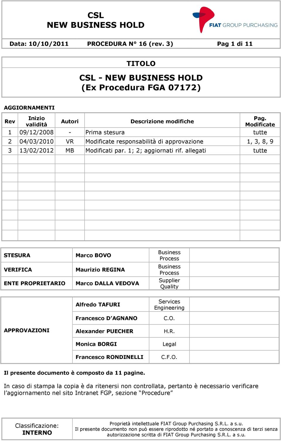 allegati tutte STESURA VERIFICA ENTE PROPRIETARIO Marco BOVO Maurizio REGINA Marco DALLA VEDOVA Business Process Business Process Supplier Quality APPROVAZIONI Alfredo TAFURI Francesco D AGNANO