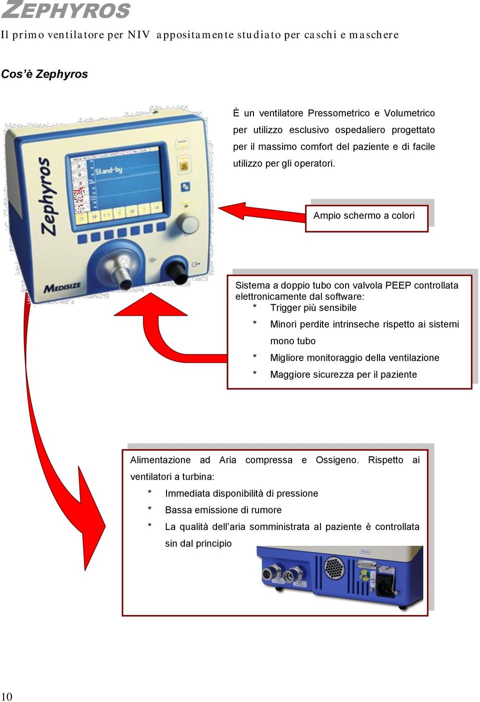 Ampio schermo a colori Sistema a doppio tubo con valvola PEEP controllata elettronicamente dal software: * Trigger più sensibile * Minori perdite intrinseche rispetto ai sistemi mono tubo * Migliore