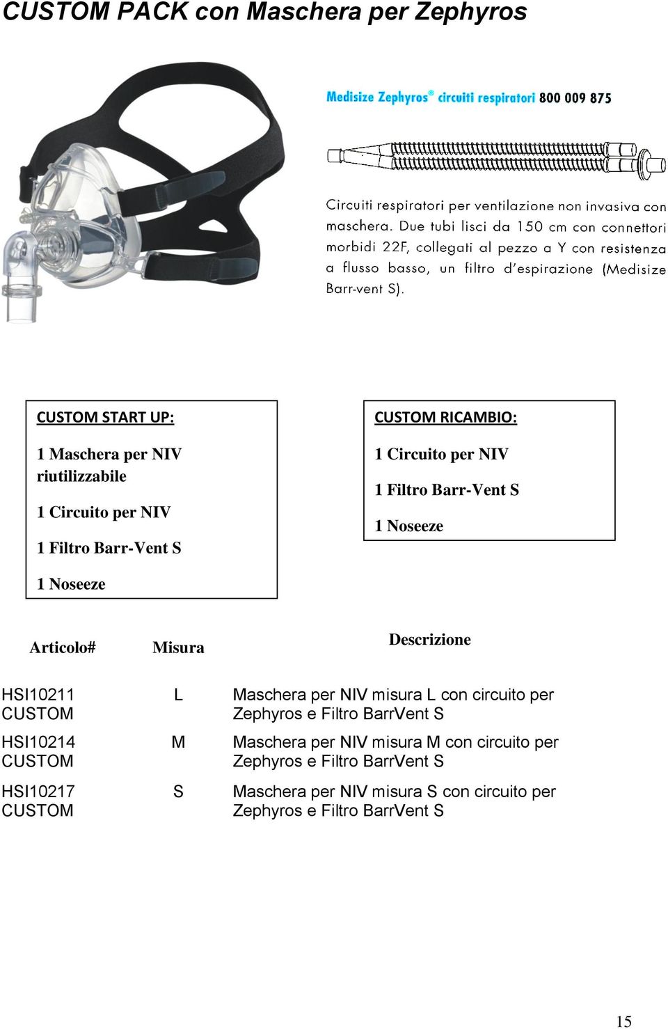 HSI10214 CUSTOM HSI10217 CUSTOM L M S Maschera per NIV misura L con circuito per Zephyros e Filtro BarrVent S Maschera per NIV