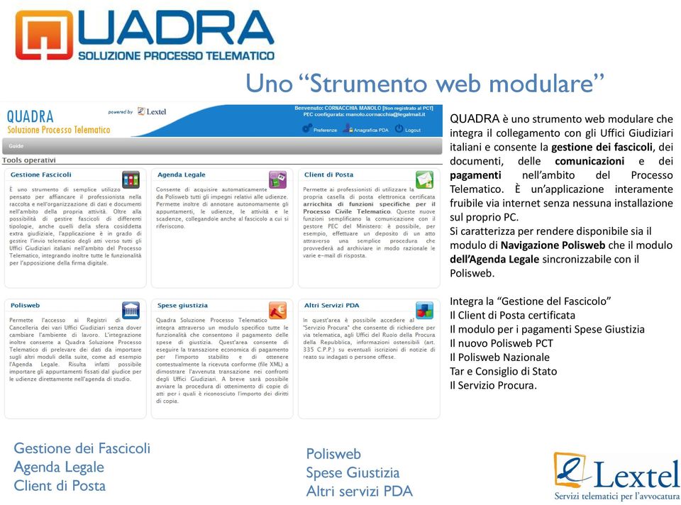 Si caratterizza per rendere disponibile sia il modulo di Navigazione Polisweb che il modulo dell Agenda Legale sincronizzabile con il Polisweb.