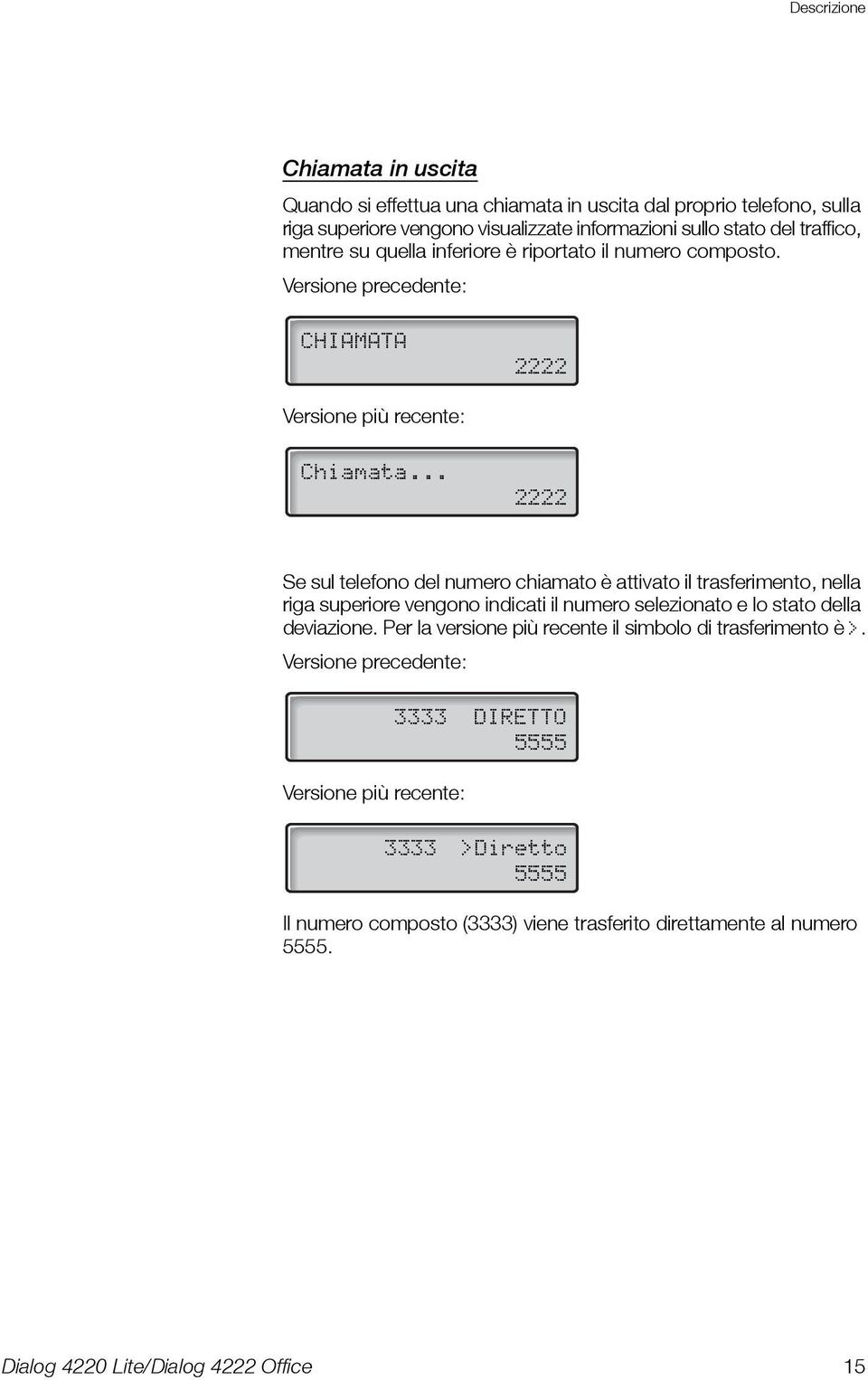 .. 2222 Se sul telefono del numero chiamato è attivato il trasferimento, nella riga superiore vengono indicati il numero selezionato e lo stato della deviazione.