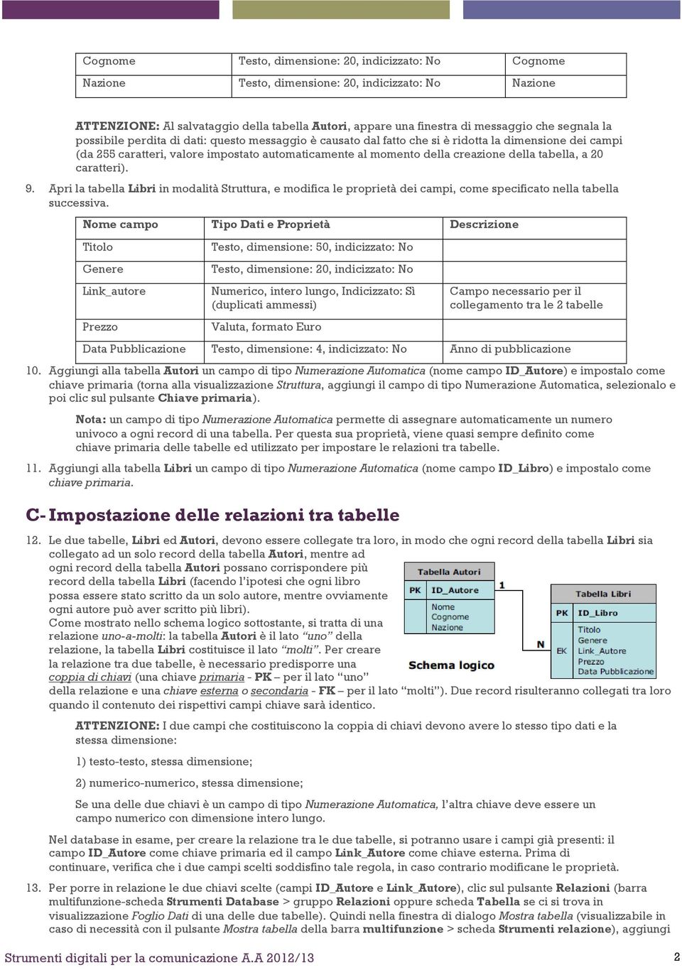 della tabella, a 20 caratteri). 9. Apri la tabella Libri in modalità Struttura, e modifica le proprietà dei campi, come specificato nella tabella successiva.